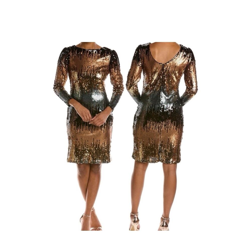 New $185 Nanette Lepore Sequined Dress 10 Black Copper Wedding Guest Long Sleeve